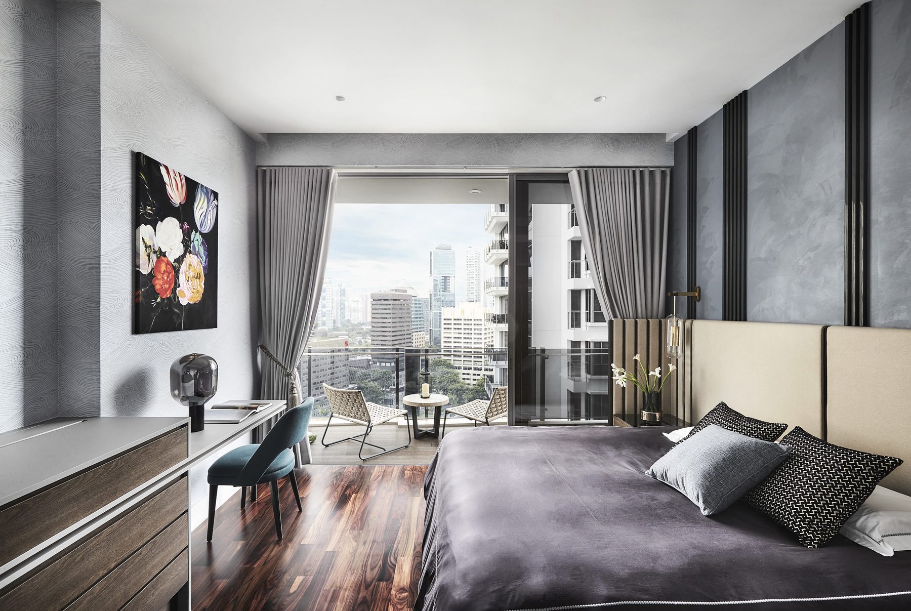 Bedroom with a grey feature wall, upholstered headboard and a balcony overlooking the city, Claymore Roads Tate Residence (2019)